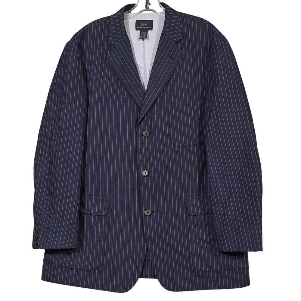 Brooks Brothers 346 Mens Navy Blue Pinstripe Cotton Linen Blazer Jacket Large